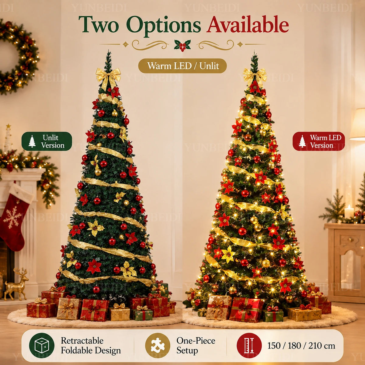 Foldable Christmas Tree with LED Lights Decoration Accessories Integrated Artificial Christmas Tree 1.5M To 2.1M for Home Decor