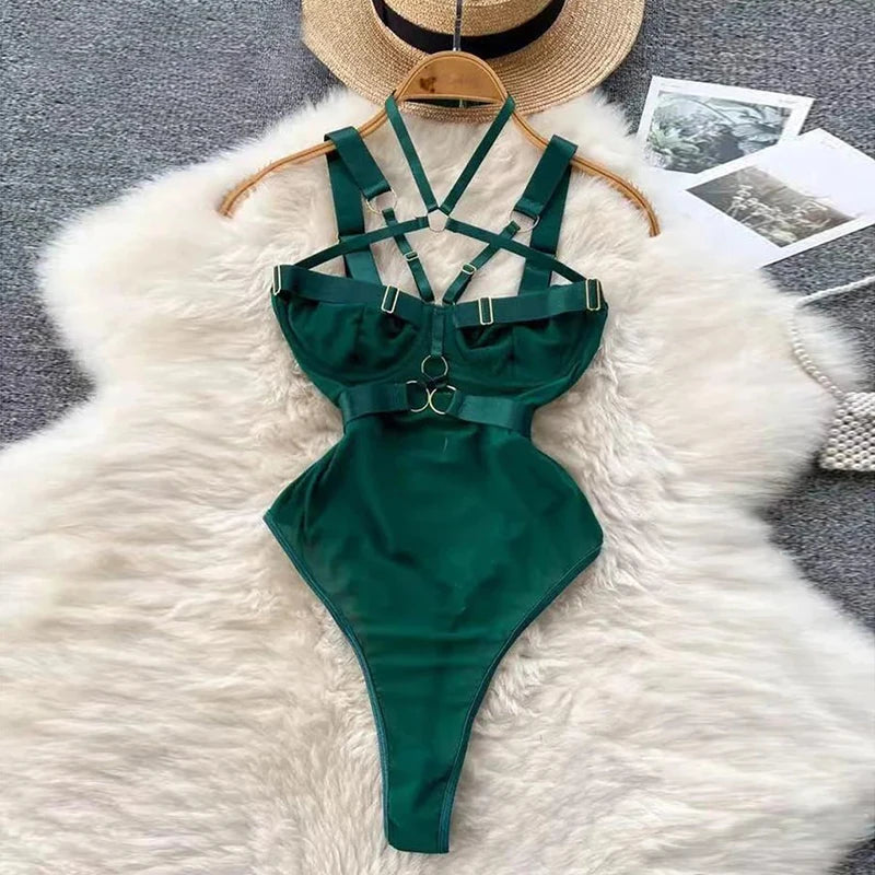Valentine Party Sleepwear Combination Catsuits Slim Intimate Erotic Mesh Strappy Rompers Women Bodysuits Lingerie Sexy Sets