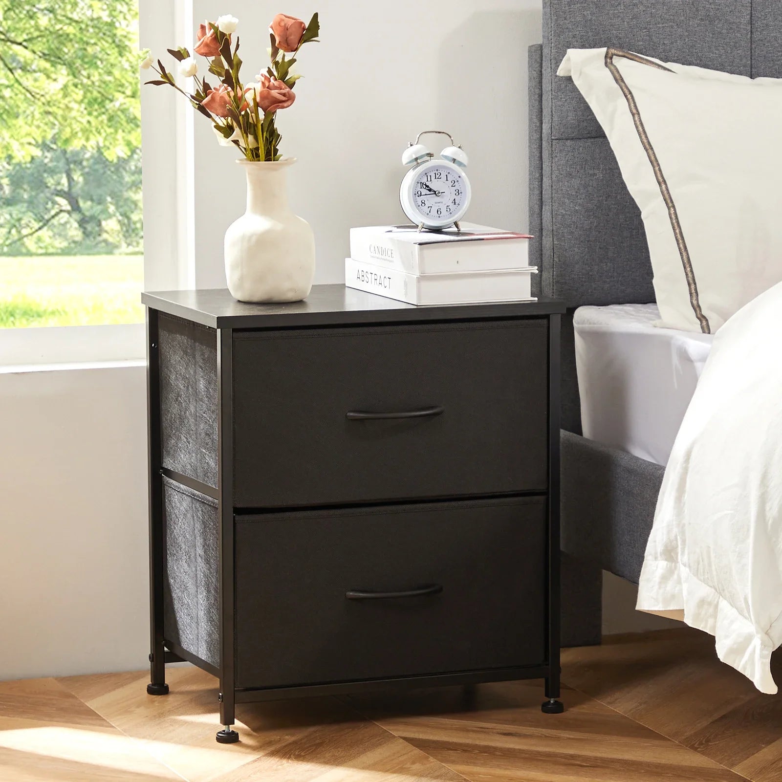 Nightstand, End Table Side Table with 2 Fabric Drawers Bedside Table for Bedroom, Closet, Dorm Black