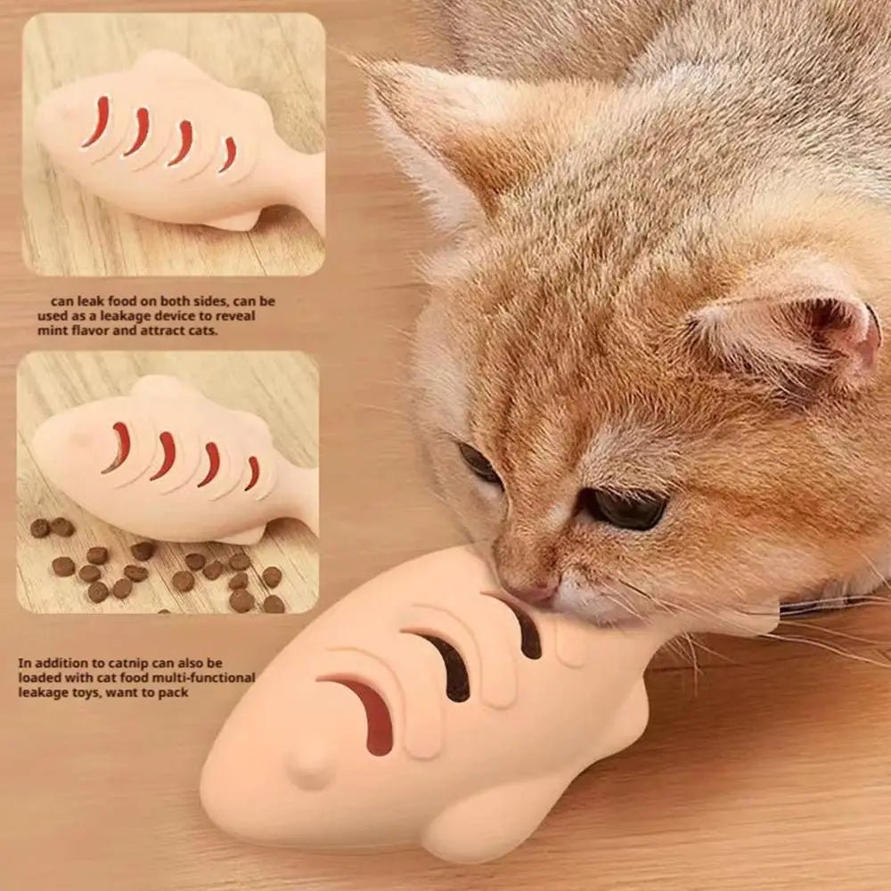 Interactive Cat Toy Food Dispenser for Indoor Cats Blue Treat & Catnip Stuffer Engaging Silicone Fish Chew Toy for Dental Care