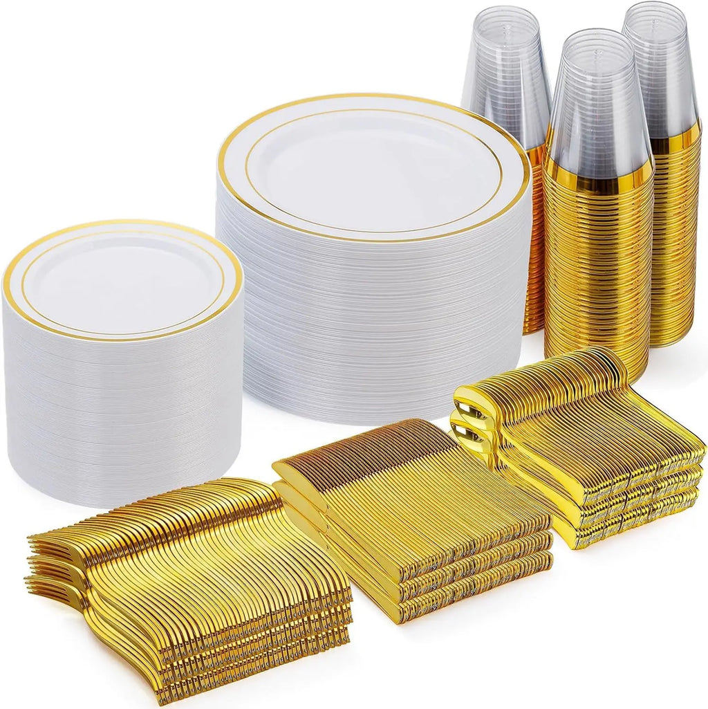 Disposable Gold Plastic Dinnerware Set for 100 Guests - 600 Pieces Includes 100 Dinner Plates, 100 Dessert Plates, 100 Forks, 100 Knives, 100 Spoons, 100 Cups, Party Supplies