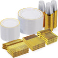 Disposable Gold Plastic Dinnerware Set for 100 Guests - 600 Pieces Includes 100 Dinner Plates, 100 Dessert Plates, 100 Forks, 100 Knives, 100 Spoons, 100 Cups, Party Supplies