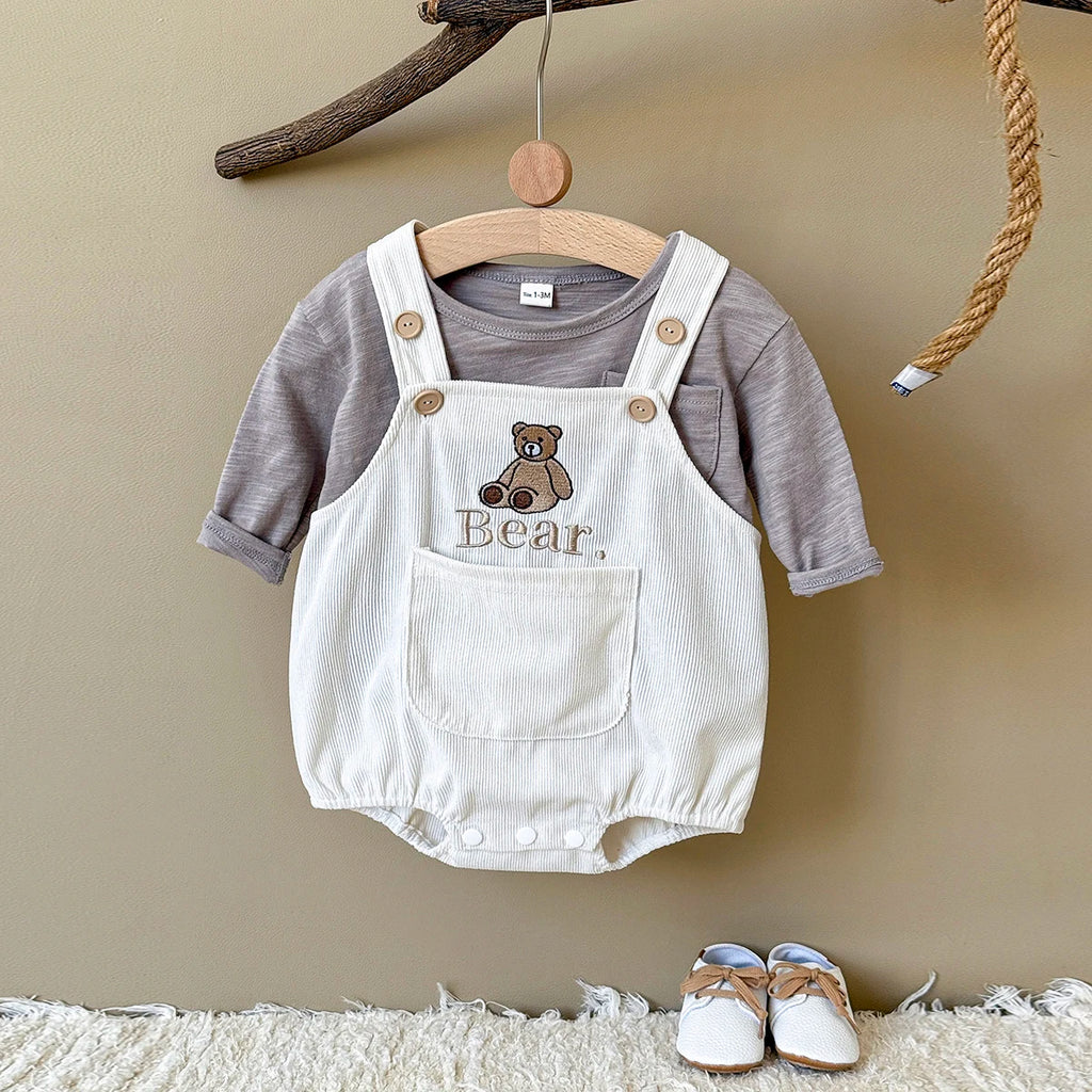 Newborn Baby Boys Girls Clothes Sleeveless Romper Bear Embroidery Loose Shoulder Strap Triangle Jumpsuit Casual Overalls Autumn