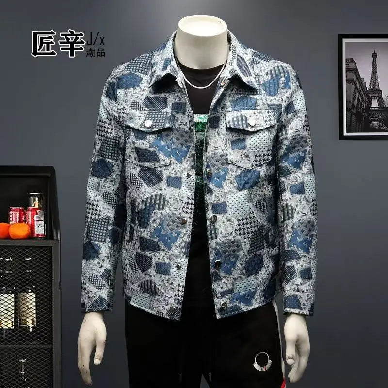 Spring Autumn High Quality Men's Fashion Casual Jacket Button Lapel Work Coat Jacquard pattern Plaid Tops Men Jackets