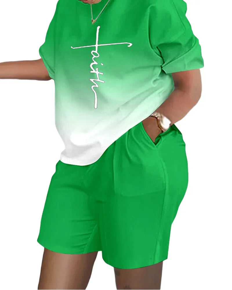 Women's T-shirt+Hot Pants Two Piece Set 2024 Summer Fashion Casual Printing Quick Drying Sports Fitness Top Shorts Female Suit