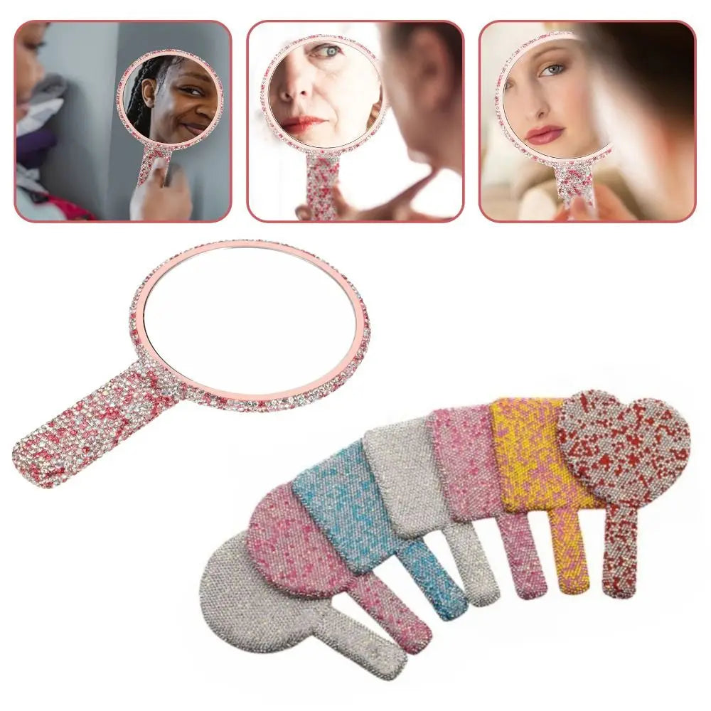 Cute Rhinestone Makeup Mirror Round Square Heart Shape Shiny Bling Cosmetic Hand Mirror Portable with Handle Handheld Mirror