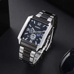 Men Watches Steel Fashion Elegant Rectangle Dial Steel Clock Quartz Watch Men's Silver-Black Cool Wristwatch Masculino Relogio