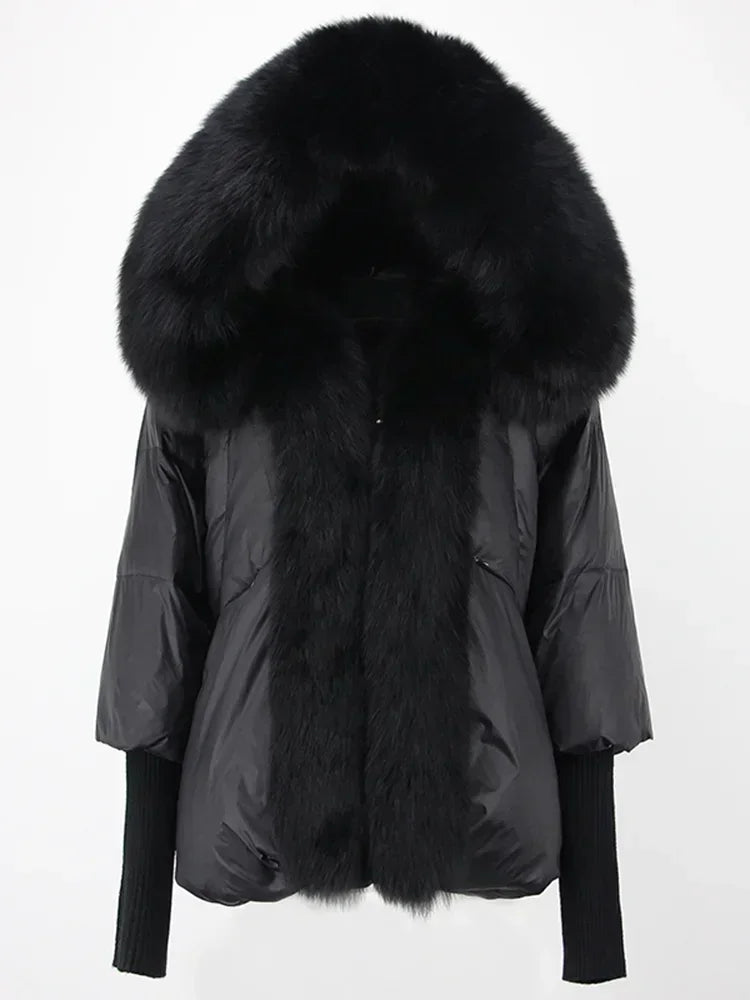 2024 Winter Puffer Jacket Women Real Fox Fur Collar Hooded Natural Thick Warm Loose Oversize Duck Down Coat Streetwear Outerwear