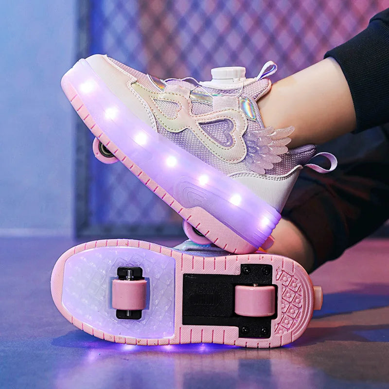 Kids Girls LED Light Up Roller Shoes 2 Retractable Wheels Angel Wings Heart Rotary Buckle Skate Sneakers