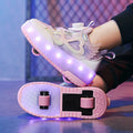 Kids Girls LED Light Up Roller Shoes 2 Retractable Wheels Angel Wings Heart Rotary Buckle Skate Sneakers