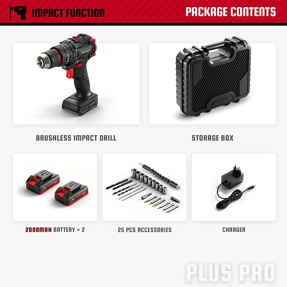 YEVOLT Electric Drill 20V Brushless Li-ion Compact Cordless 21+1 Driver Handheld Screwdriver Power Tools YVGBD20DU2 Series