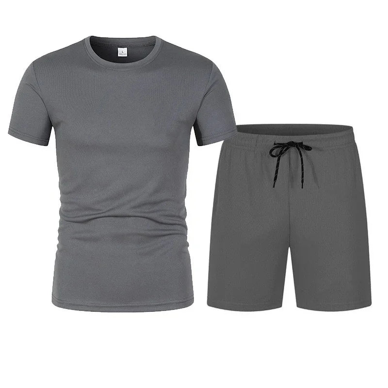 2026 Men's running Sets Short Sleeve T-shirt+Shorts 2-piece Sets Slim Fit Mesh Breathable Jogging Gym Sportswear Clothing summer
