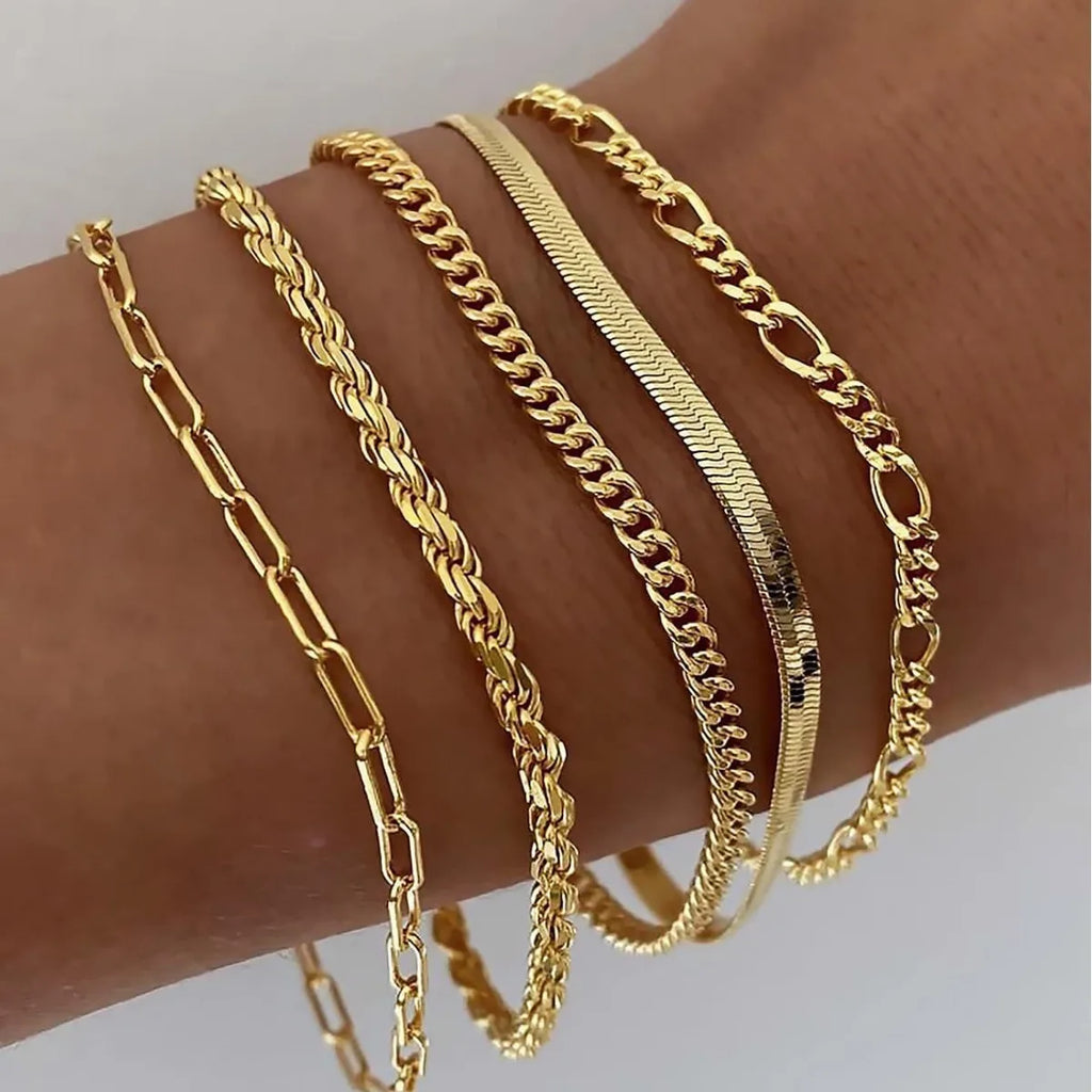6Pcs Minimalist Gold Color Ankle Chain Bracelet Set for Women Men Bohemian Retro Thick Twist Cuban Bracelets Trendy Jewelry Gift