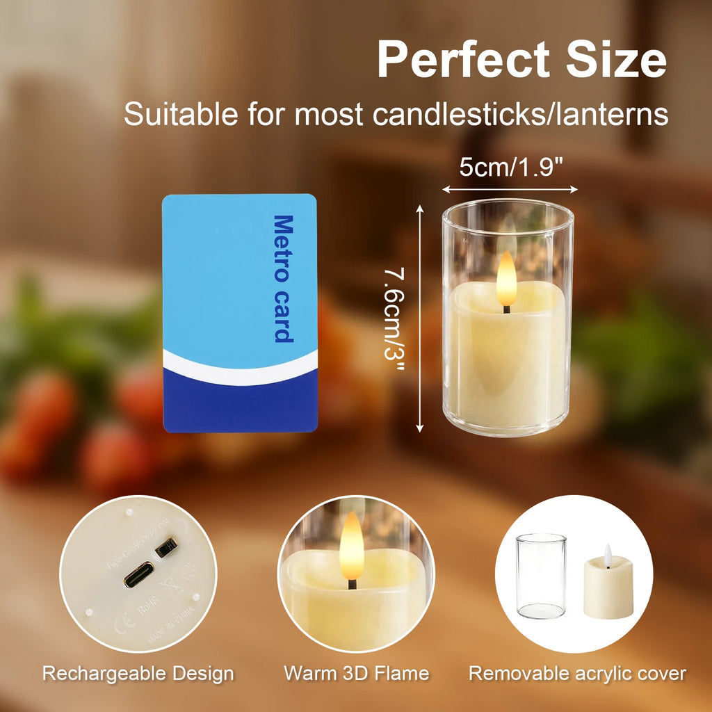 6Pcs Rechargeable Flameless LED Light Candles Crystal Clear Transparent Electronic Night Lamp Flickering Wedding Party Decor