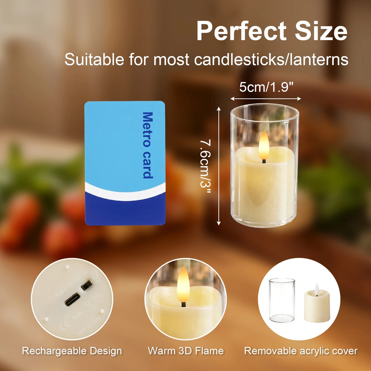 6Pcs Rechargeable Flameless LED Light Candles Crystal Clear Transparent Electronic Night Lamp Flickering Wedding Party Decor