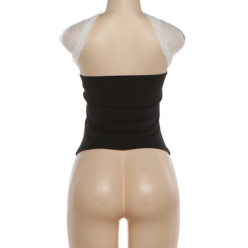 Strapless Backless Sexy Y2K Lace Crop Top Corset Women Summer Party Club Halter Sleeveless Skinny Tank Tops Beach Vacation Gift