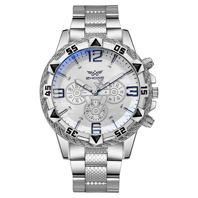 YIKAZE Men's Quartz Wristwatches Business Leisure Fashion Large Dial Alloy Steel Strip Blue Light Three Eye Men's Quartz Watch