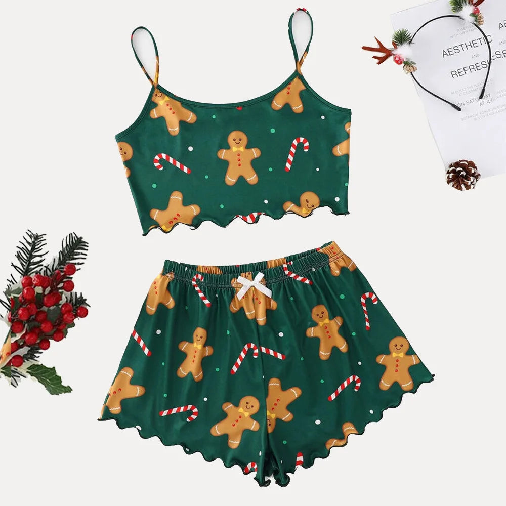 Santa Print Women's Sleepwear Soft Christmas Festival Cute Gingerbread Print 2 Pieces Pajama Set Crop Tops and Shorts Loungewear