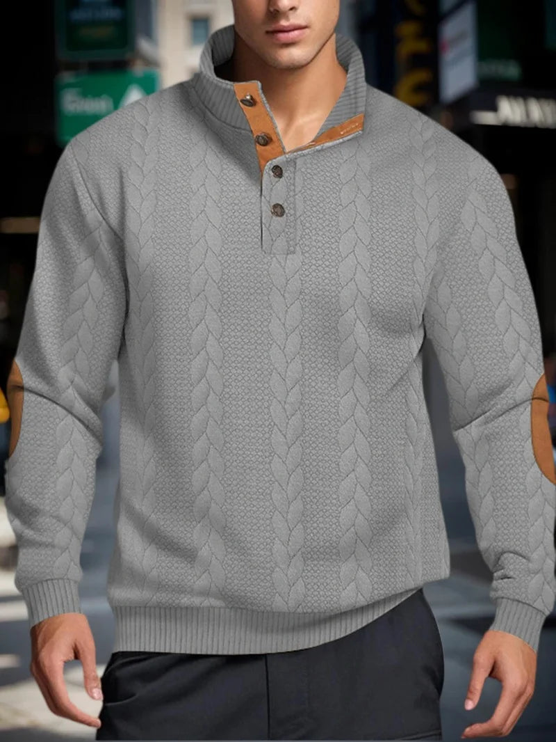 Men’s Knitted Jacquard Sweaters Button Stand-up Collar Warm Pullover Sweaters Outdoor Casual Men's Long-sleeved Sweatshirt
