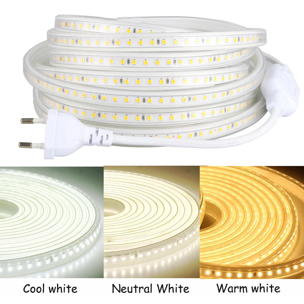 LED Strips Light 220V SMD2835 IP67 Waterproof Flexible Rope Lamp 120Leds/M High Brightness Outdoor Indoor Tape Decor EU Plug