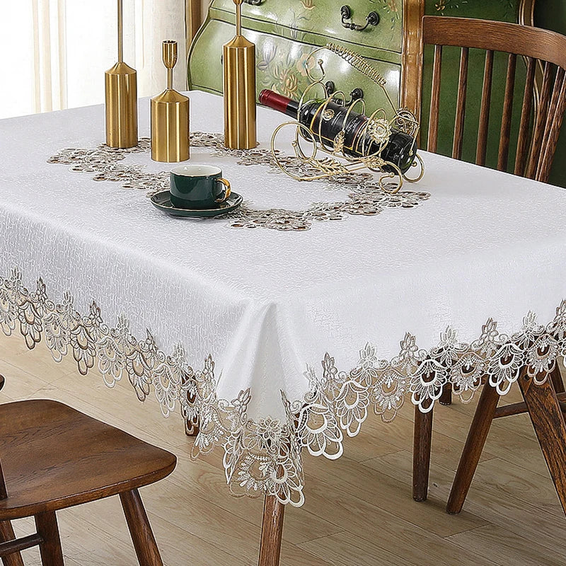 Battilo Lace Embroidery Tablecloth White Floral Rectangle Table Cloth Waterproof Table Cover For Dining Table Wedding Party Home