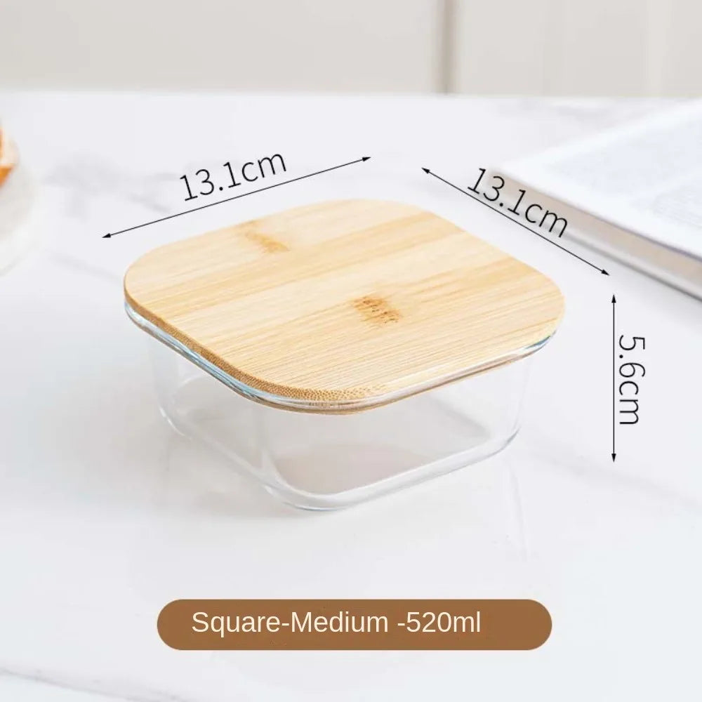 Glass Fresh-Keeping Box Heat-Resistant Bamboo Lid Microwave Oven Lunch Box Leakproof High Borosilicate Office Worker Bento Box