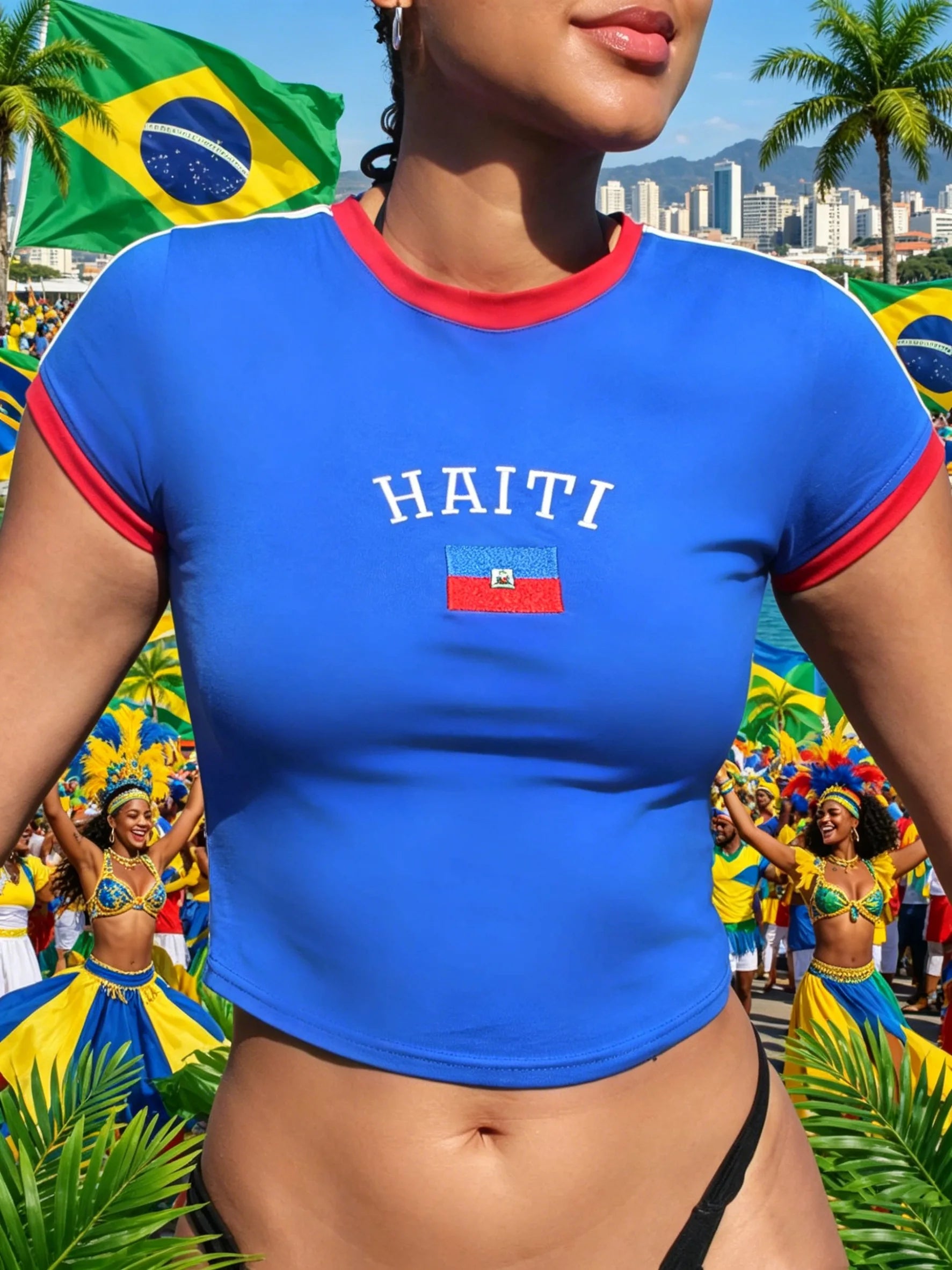 American College Style Short Top HAITI National Flag Embroidery Slim Fit and Slimming, Spicy Girl Exposed Waist Sports Short Sle
