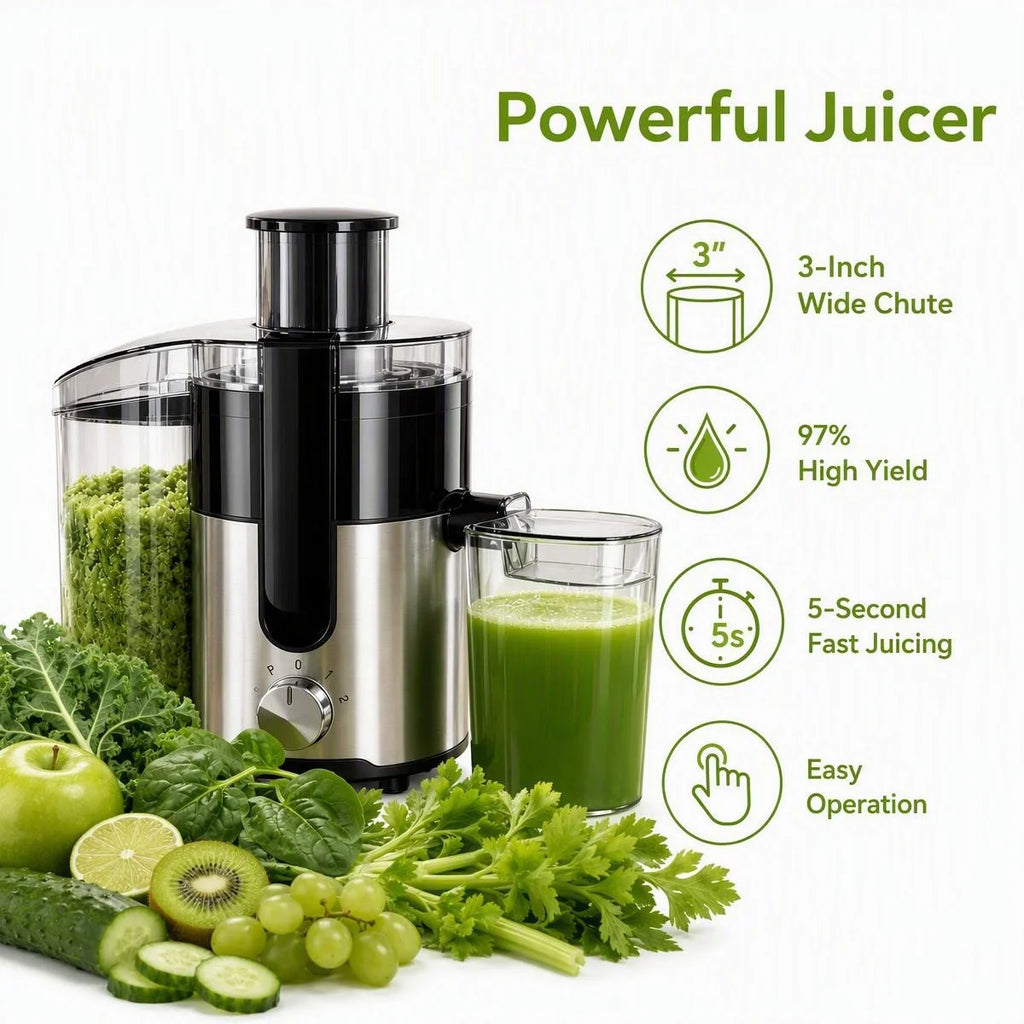 Centrifugal Juicer, 3 Inch Wide Chute 97% High Yield Juicer Machine 3 Inch LARGE FEED CHUTE: Supports Whole Fruit and Vegetable Direct Feeding Without Pre-Cutting, Cuts down Your Preparation Time Significantly. 97% HIGH JUICE