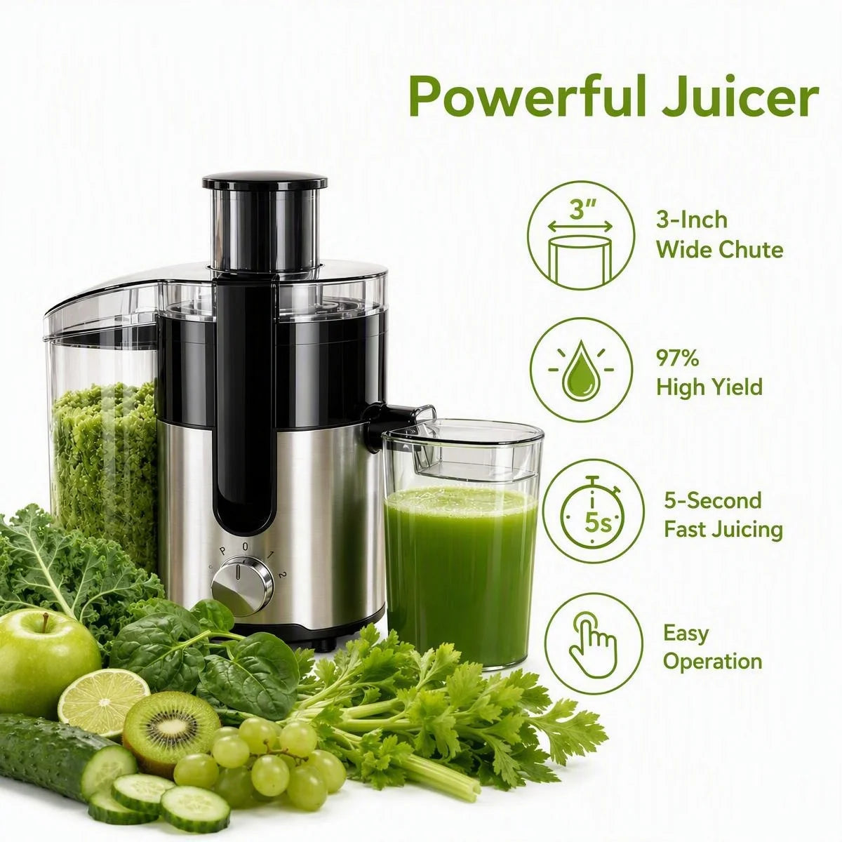 Centrifugal Juicer, 3 Inch Wide Chute 97% High Yield Juicer Machine 3 Inch LARGE FEED CHUTE: Supports Whole Fruit and Vegetable Direct Feeding Without Pre-Cutting, Cuts down Your Preparation Time Significantly. 97% HIGH JUICE