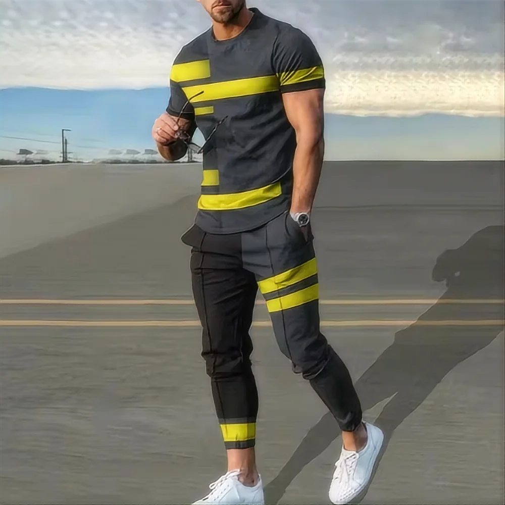Summer basketball sportswear set short sleeved T-shirt long pants two-piece set men's sportswear 3D printed casual oversized men