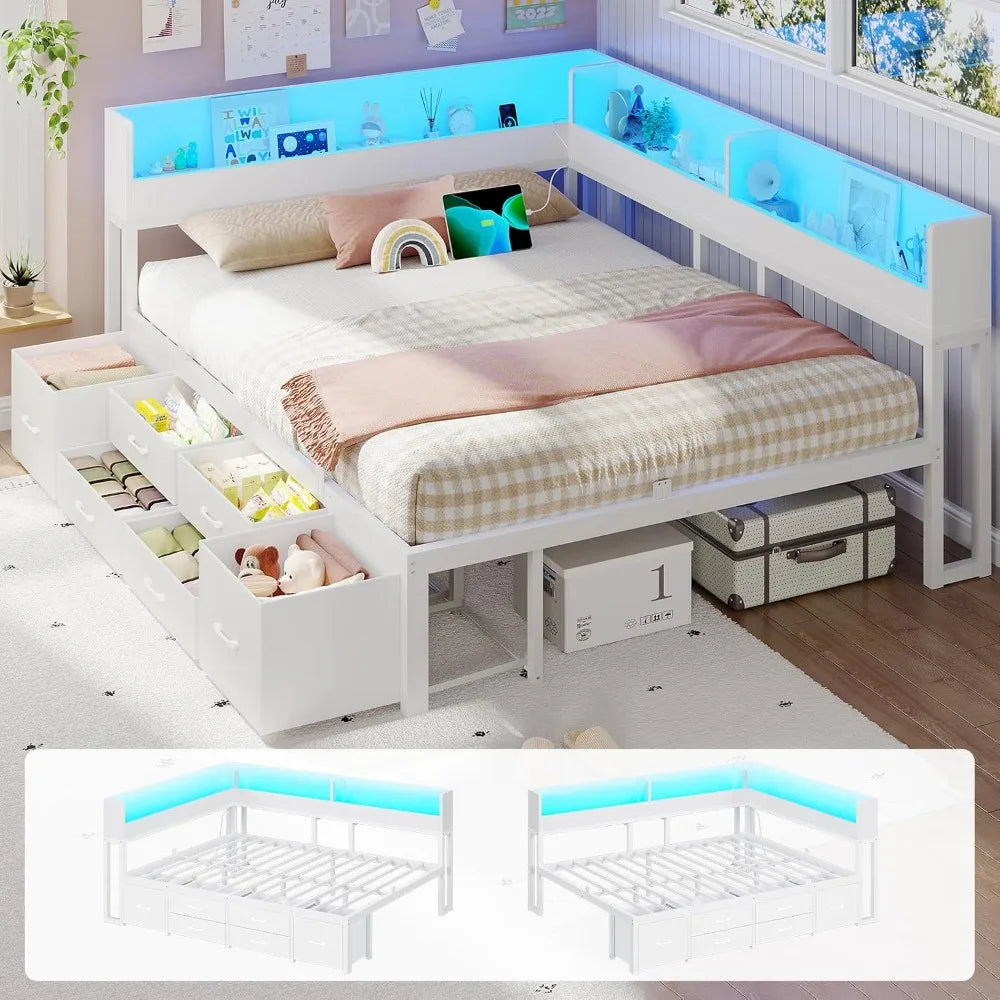 Corner Bed Frame Queen with Storage 6 Drawers, Daybed with Storage Bookcase | Daybed with LED Lights and Charging Station
