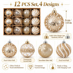 12Pcs 8cm Champagne Gold Clear Christmas Ball Ornaments 4 Styles Glitter Pearl Snowflake Shatterproof Xmas Tree Hanging Decor