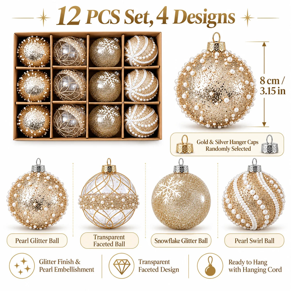 12Pcs 8cm Champagne Gold Clear Christmas Ball Ornaments 4 Styles Glitter Pearl Snowflake Shatterproof Xmas Tree Hanging Decor