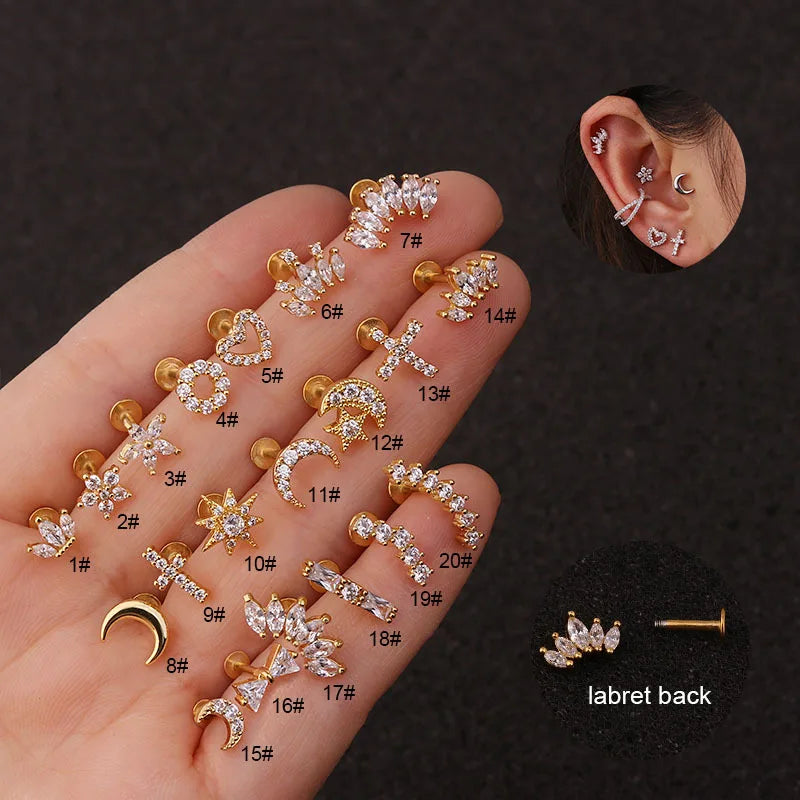 1PC 16G New Cross Heart Flower Crown Tragus Helix Stainless Steel Labret Lip Bar Rings Stud Cartilage Ear Piercing Body Jewelry