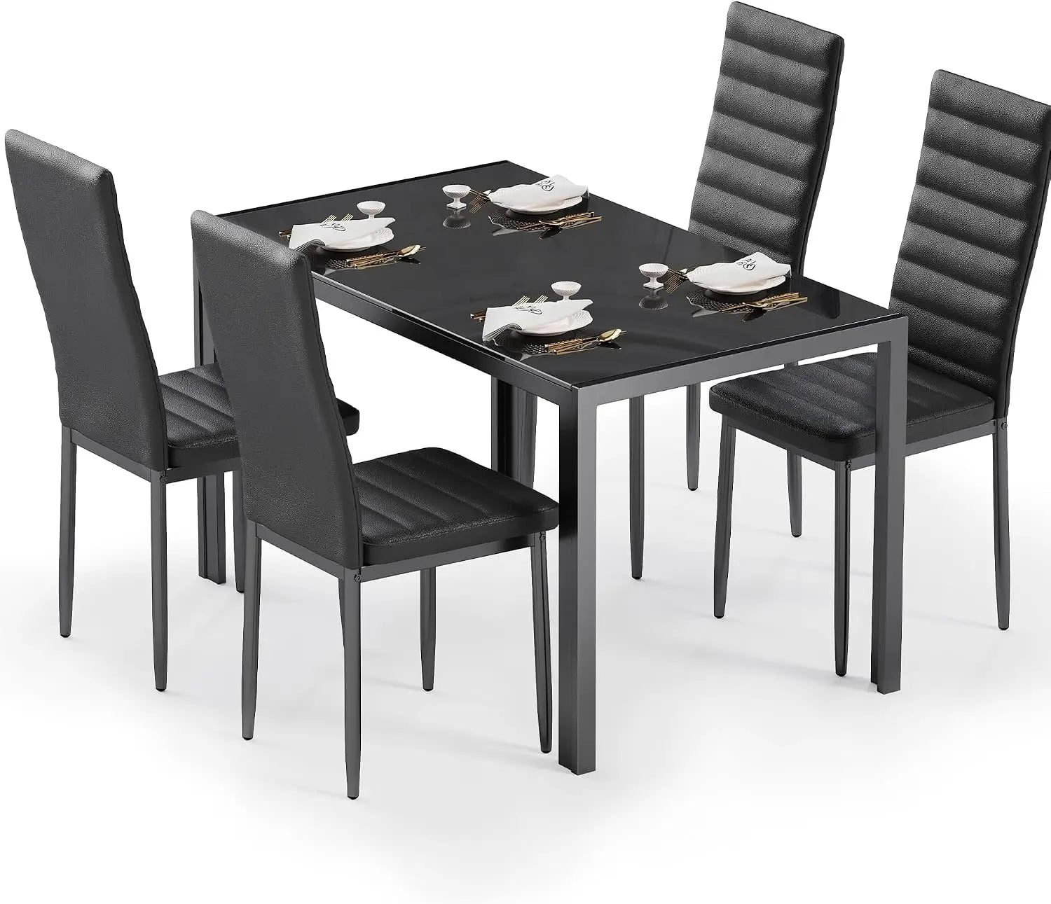 Modern 5 Piece Dining Table Set with Tempered Glass Top and 4 Chairs for Kitchen Living Room Black