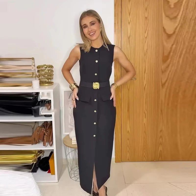 WOMAN 2025 Women's Dresses Black Office Long Dresses for Women Spring Sleeveless Midi Dress Woman Belt Button Women's Dress Vest