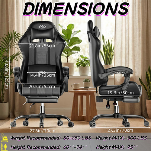 Ergonomic Gaming Chair, Lumbar Massage & Adjustable Headrest, PU Leather Computer Seat with Retractable Footrest and 360° Swivel