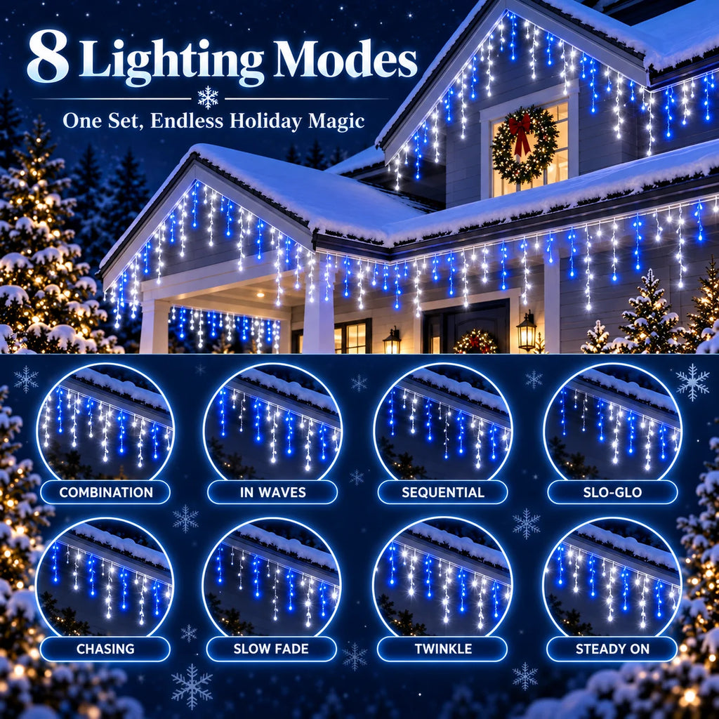 Christmas Icicle Lights USB Blue White 6/10M Alternating LED String Lights Hanging Drops for Roof Eaves Window Holiday Decor