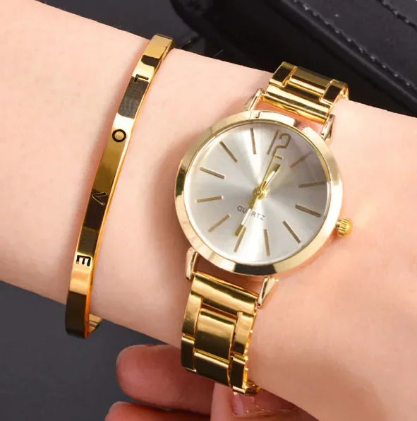 2PCs Set Fashion Women Elagant Watch Bracelet Casual Simple Steel Strap Quartz Watch Love Bracelet Temperament Wearing Style