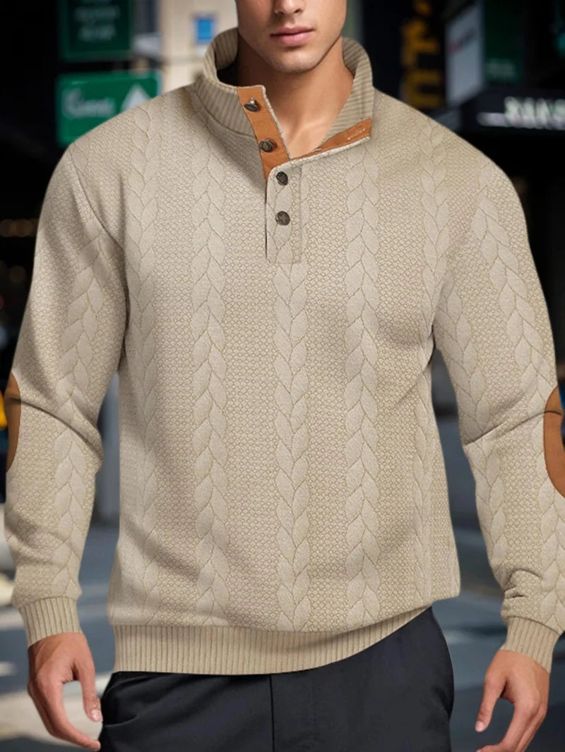 Men’s Knitted Jacquard Sweaters Button Stand-up Collar Warm Pullover Sweaters Outdoor Casual Men's Long-sleeved Sweatshirt