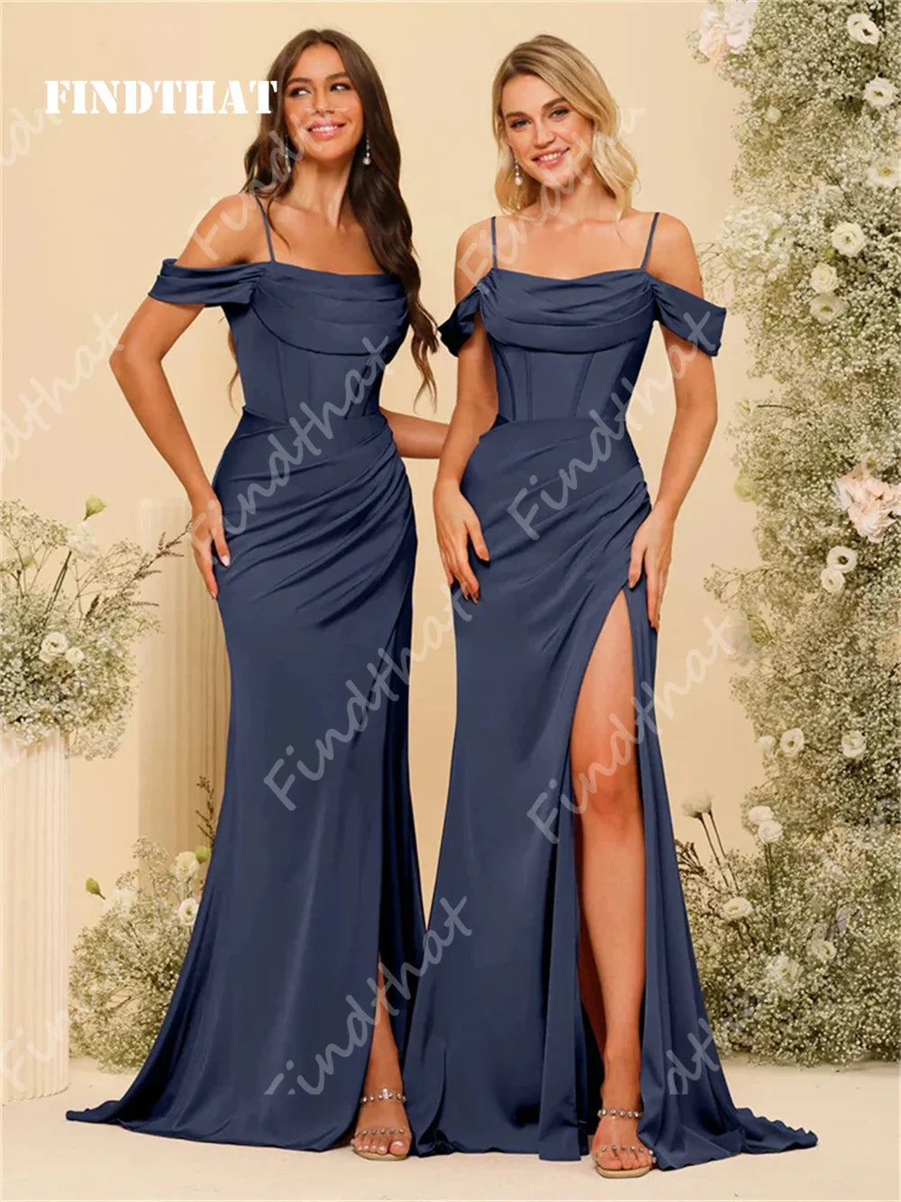 Findthat Off Shoulder Spaghetti Straps Satin Bridesmaid Dresses Elegant Zipper Back Evening Gown Wedding Guests Dress Customized