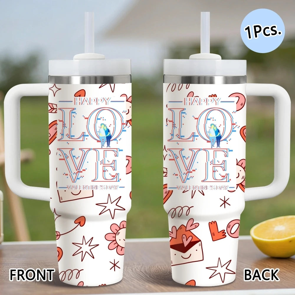Happy Love Valentine's Day Vacuum Flasks 40oz Stainless Steel Vacuum Insulated Tumbler with Straw Leak Resistant Travel Mug