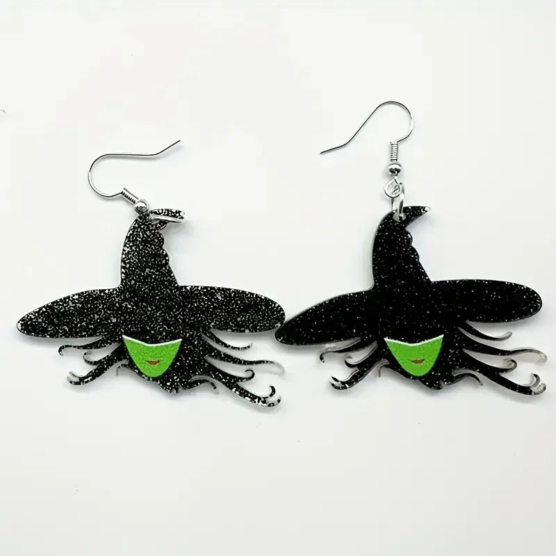 1 Pair of Witch Hat Earrings - Black with Sparkling Stars & Green Accents, Perfect for Halloween & Daily Wear
