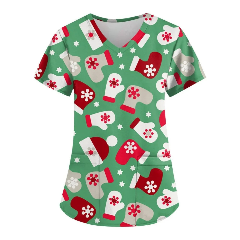 Christmas Scrubs Medical Uniforms Woman Fashion Snowman Print Summer Casual V-Neck Short Sleeve with Pockets Surgical Uniform
