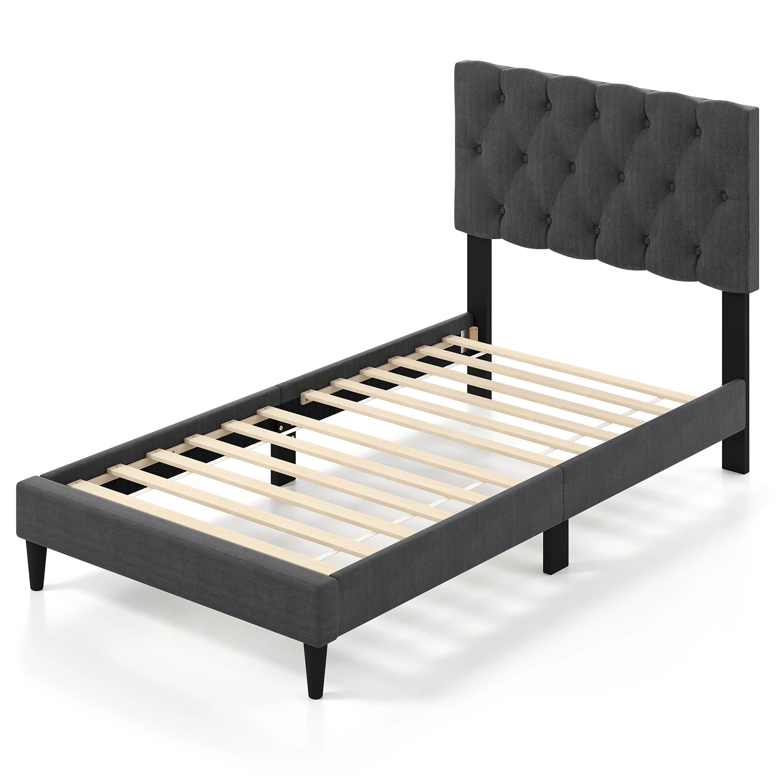 Twin Size Bed Frame with Button-Tufted Headboard & Wooden Slats Easy Assembly