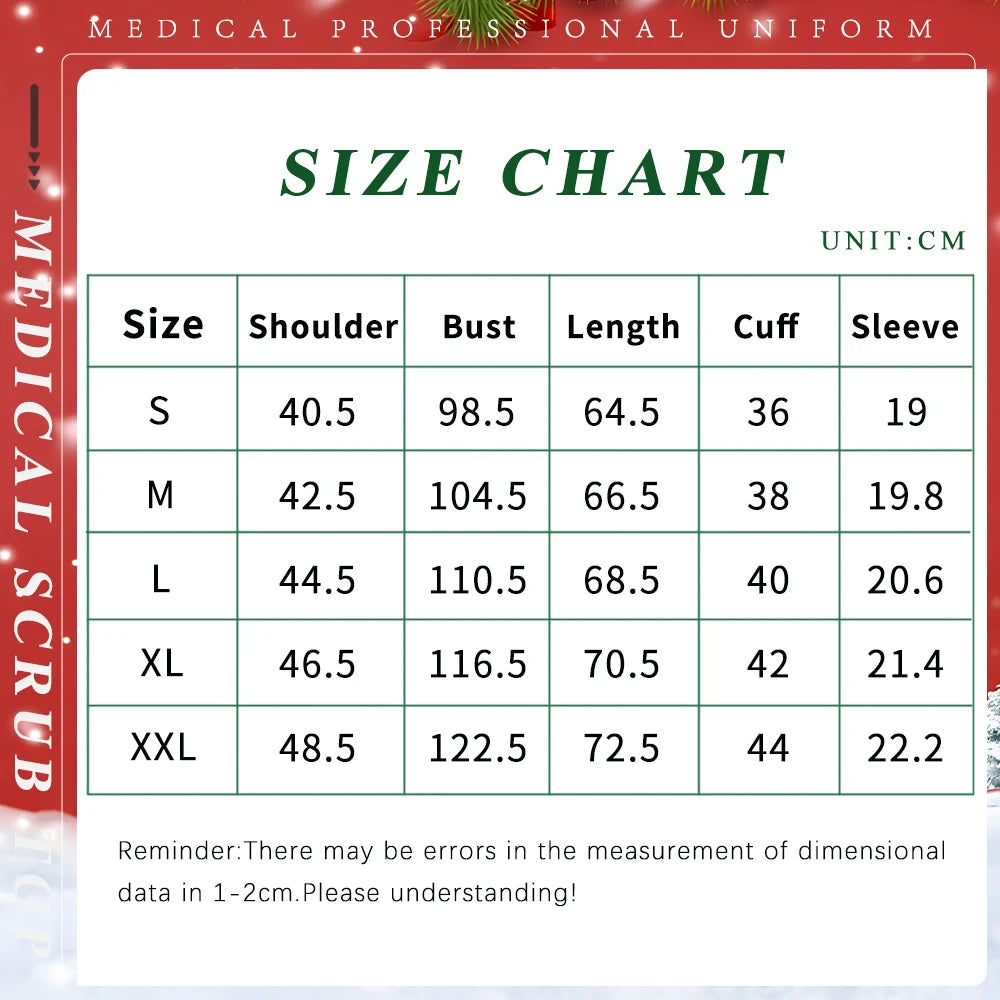 Women Men Christmas Scrubs Top Short Sleeve Pockets Surgery Blouse V-neck Medical Clothes Unisex Spa Dental Vet Surgical Uniform