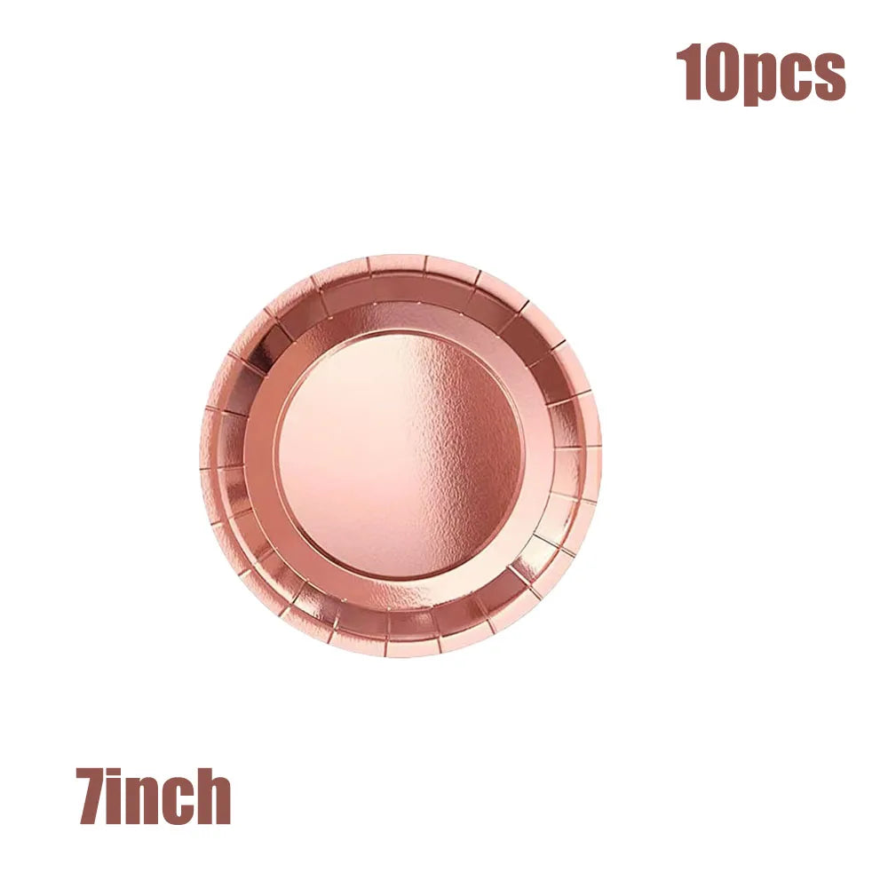 Rose Gold Disposable Tableware Sets Rose Gold Stamping Paper Plates Napkins Queen Princess Girls Happy Birthday Party Supplies