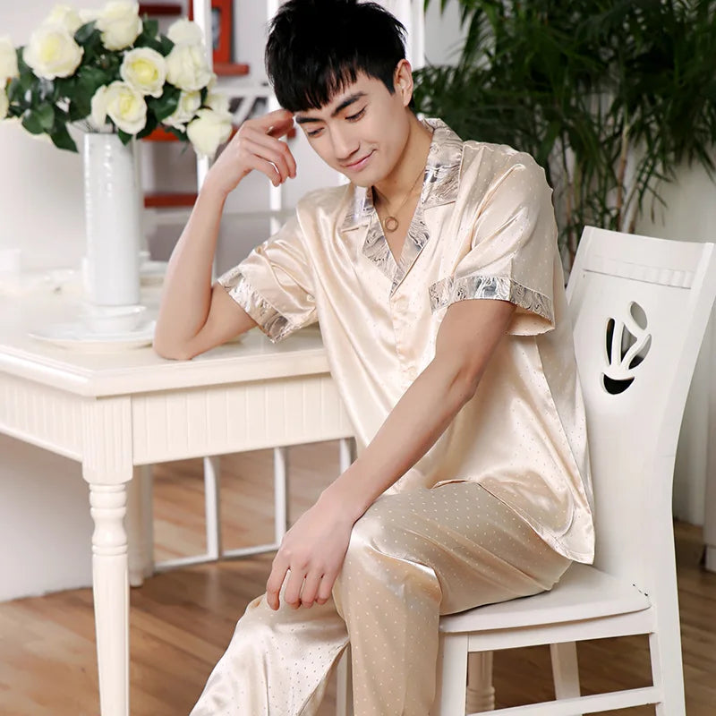 2026 Summer Men's Pajamas Sets Satin Silk Shorts Short Sleeve Two Piece Set Sleepwear Home for Men Night Wear Loungewear Male