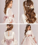 Graceful Lace Princess Flower Girl Dress 2-14 Kids 3/4 Sleeves 3D Flower Belt Wedding Party Gown First Communion Dress Custom