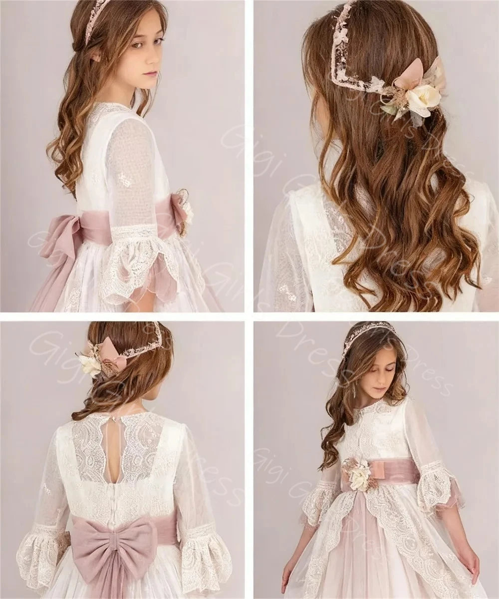 Graceful Lace Princess Flower Girl Dress 2-14 Kids 3/4 Sleeves 3D Flower Belt Wedding Party Gown First Communion Dress Custom